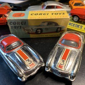 2 Vintage 1/43 Corgi 4” Mercedes 300SL Chrome Roadster Lot Chrome/Plated  W/ Box